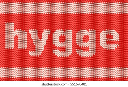 Word HYGGE on knitting texture. Pleasure and comfort symbol. Vector Illustration isolated on white background.