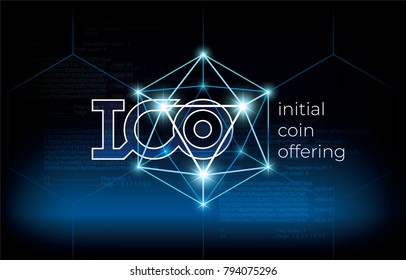 Word ICO with low polygonal sphere. 3D hexahedron with glow. Futuristic style initial coin offering vector illustration.