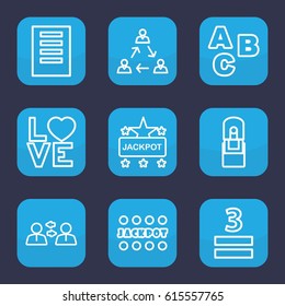 Word icon. set of 9 outline word icons such as Jackpot, 3 allowed, love word, office supply, ABC, communication
