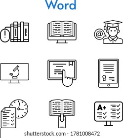 word icon set. included tablet, books, e-book, test, student, touchscreen, microscope icons. linear styles.