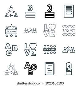 Word icons. set of 16 editable outline word icons such as jackpot, abc, 3 allowed, love word, communication, document