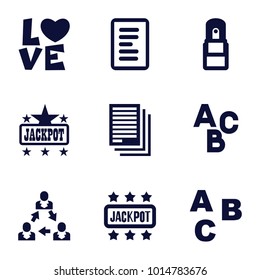 Word icons. set of 9 editable filled word icons such as jackpot, abc, office supply, document, love word