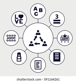 word icons set. Set of 9 word filled icons such as Jackpot, 3 allowed, love word, office supply, document, communication