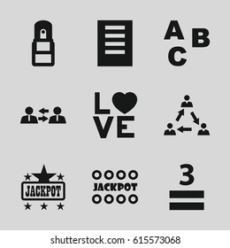 Word icons set. set of 9 word filled icons such as Jackpot, 3 allowed, love word, office supply, communication, document