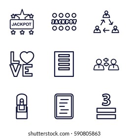 word icons set. Set of 9 word outline icons such as Jackpot, 3 allowed, love word, office supply, document