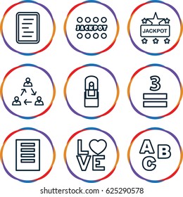 Word icons set. set of 9 word outline icons such as Jackpot, 3 allowed, love word, office supply, document, ABC
