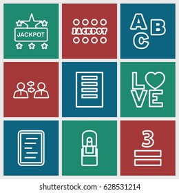 Word icons set. set of 9 word outline icons such as Jackpot, 3 allowed, love word, office supply, document, ABC