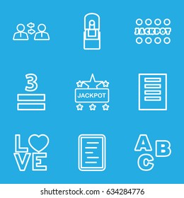 Word icons set. set of 9 word outline icons such as jackpot, 3 allowed, love word, office supply, document, abc