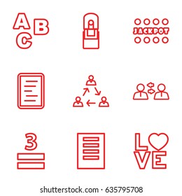 Word icons set. set of 9 word outline icons such as jackpot, 3 allowed, love word, office supply, document, abc