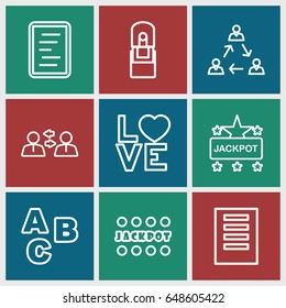 Word icons set. set of 9 word outline icons such as jackpot, love word, office supply, document, abc