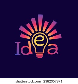 Word idea with e inside the bulb shape as its coil. Bulb glowing with light rays coming out of it in vibrant and beautiful colors. Use in presentations and informative videos to show brainstorming. 