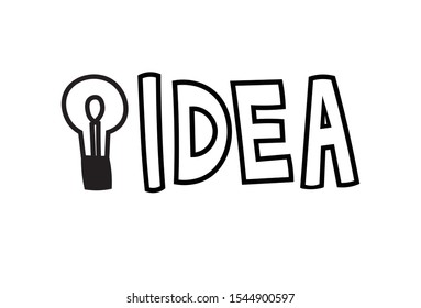 the word "idea" with a light bulb burning. flat cartoon illustration. buisness illustration clipart. black and white minimalistic logotype for your design