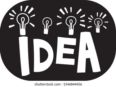 the word "idea" with light bulbs burning. flat cartoon illustration. buisness illustration clipart. nice colors. creative logotype for your design