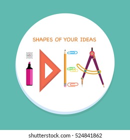 Word idea from the office items. Marker, ruler, pencil and a compass make a word. Vector illustration