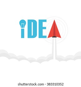 the word 'idea' on sky with paper plane and light bulb, thinking concept