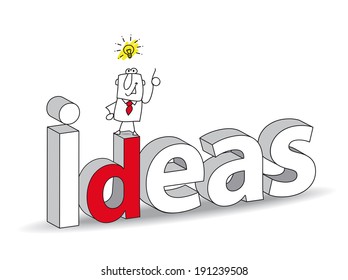 Word "Ideas" in a 3d style with Joe the businessman. Ideal for a title. It illustrates the concept of the creativity and the intelligence.