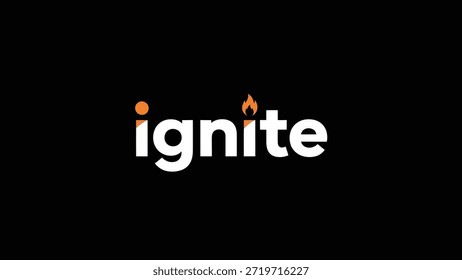 The word 'ignite' is displayed in bold white letters against a black background. The dot of the 'i' is replaced by a small orange circle, and the