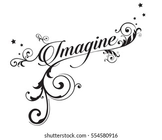 The word IMAGINE with swirls and stars