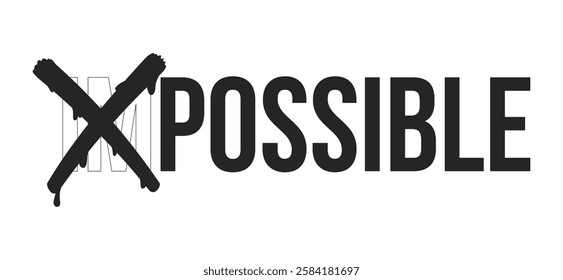 Word impossible with im crossed out in dripping paint black and white 2D line object. Determination, inspiration. Possible isolated clip art vector outline item. Monochromatic spot illustration