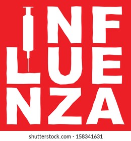 the word influenza and a syringe in white on red, vector