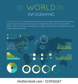 Word Infographic vector. Color circle and line diagrams with data, sample text, word map silhouette on blue background. Flat style illustration for econimical, political, military concepts