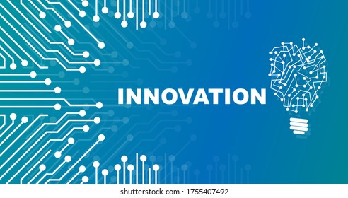 Word INNOVATION on blue background with light bulb and circuit board lines, vector illustration. Panorama