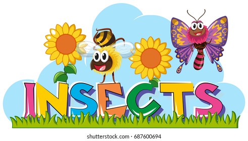 Word insects with many insects in garden illustration