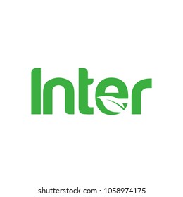 Word of INTER and Letter E with leaf symbol. Vector logo for Ecology and Nature company.