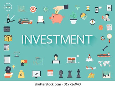 The word INVESTMENT surrounding by concerning flat icons