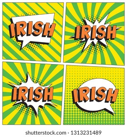 word 'irish' in retro comic speech bubble with halftone dotted shadow on white background. saint patrick's day vector template design illustration