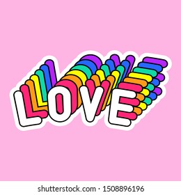 Word “Love” isolated on pink background. Text patch vector illustration. Quirky cartoon comic style of 80-90s.