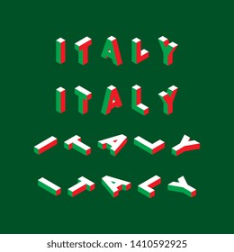 word 'ITALY' with isometric letters on green background for banners, posters, greeting cards, invitations, brochures. abstract trend retro typography with symbols or signs in geometric 3D shape style