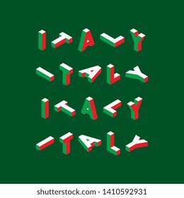 word 'ITALY' with isometric letters on green background for banners, posters, greeting cards, invitations, brochures. abstract trend retro typography with symbols or signs in geometric 3D shape style