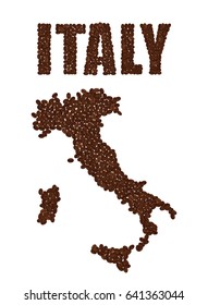 Word ITALY and Map of Italy created from coffee beans isolated on a white background.