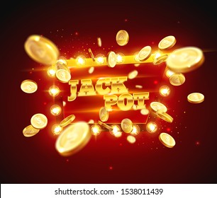 La palabra Jack Pot, rodeado por un marco luminoso en un fondo de explosión de monedas. El nuevo y mejor diseño de la banner de suerte, para apuestas, casino, póquer, tragamonedas, ruleta o hueso.