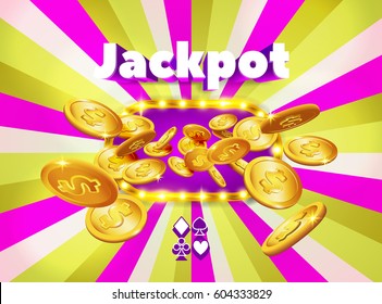 Word Jackpot, acima de um quadro de luz com moedas que aparecem a partir dele, em um fundo retro rosa e verde. O banner da sorte, para jogos de azar, cassino, pôquer, slot, roleta ou osso.