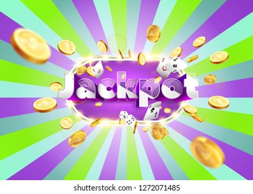 The word Jackpot, surrounded by a luminous frame and attributes of gambling, on a pink and green retro background. The luck banner, for gambling, casino, poker, slot, roulette or bone.