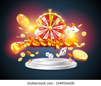 The word Jackpot, surrounded by a luminous frame and attributes of gambling, on the podium, on a explosion coins background. The new, best design of the luck banner, for gambling, casino