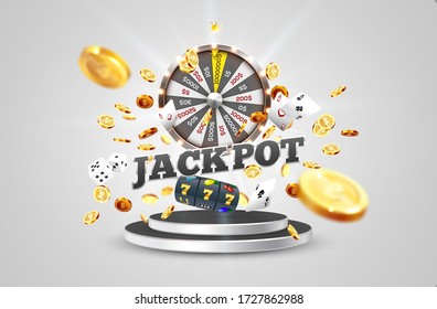 The word Jackpot, surrounded by a luminous frame and attributes of gambling, on the podium, on a explosion coins background. The new, best design of the luck banner, for gambling, casino