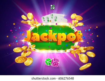 The word Jackpot, surrounded by a luminous frame and attributes of gambling, on a green background. The new, best design of the luck banner, for gambling, casino, poker, slot, roulette or bone.