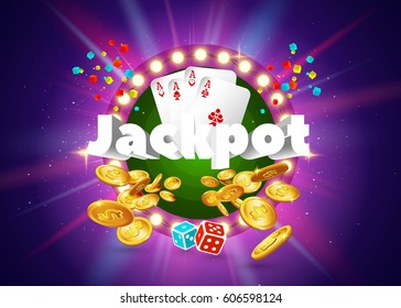 The word Jackpot, surrounded by a luminous frame and attributes of gambling, on a green background. The new, best design of the luck banner, for gambling, casino, poker, slot, roulette or bone.