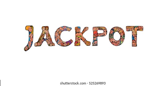 The word "Jackpot" written in isolated hand drawn letters type on a white background. People crowd alphabet vector font. Vector illustration in cartoon style