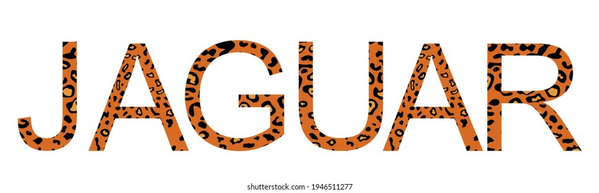 Word "jaguar" with fur, texture and jaguar skin print vector illustration isolated on white background. Jaguar word letters sign. Animal symbol decoration. 