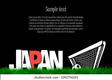 Word Japan and soccer ball in the gate on the grass. Vector illustration