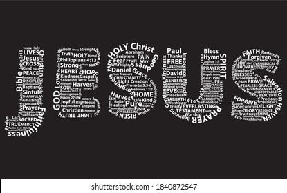 Word Jesus in white written with Christian words on black background. Christian background