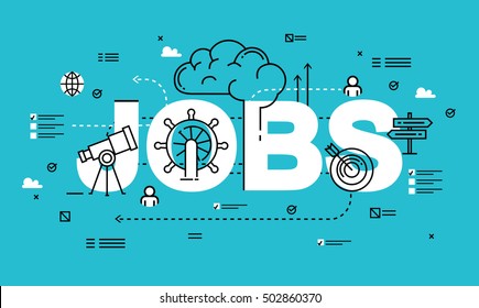 Word JOBS, line flat vector business design for job candidate evaluation, interviewing, assessment, recruiting. Resources and corporate management, hiring, employment, freelance, jobs,career concept 