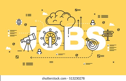 Word JOBS, line flat vector business design for job candidate evaluation, interviewing, assessment, recruiting. Resources and corporate management, hiring, employment, freelance, jobs,career concept 