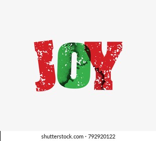 The word JOY concept printed in letterpress hand stamped colorful grunge paint and ink. Vector EPS 10 available.