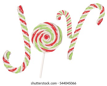 The word joy made out of sweet candy canes.