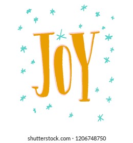 word Joy - yellow letters around snowflakes blue 